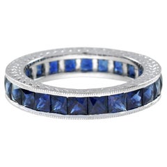 3,25 Ct. Anello a fascia per l'eternità in stile antico con zaffiro blu in platino 950