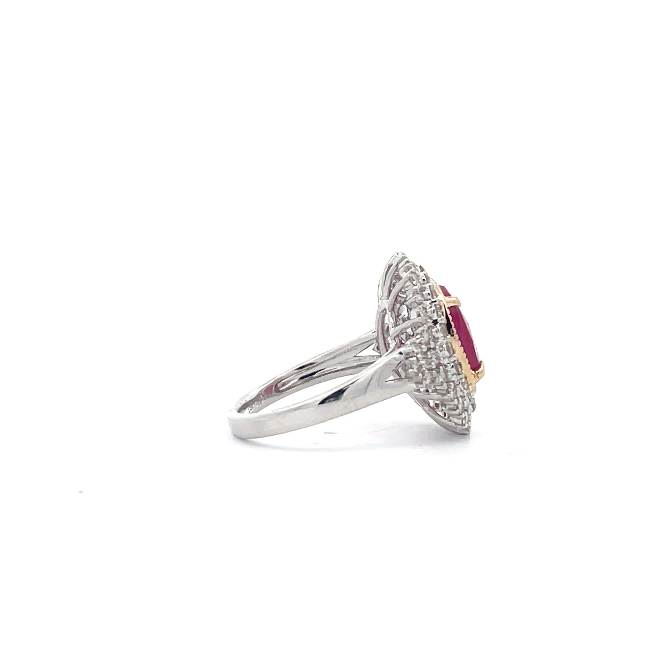3.25 Ct. Oval Cut Ruby Double Diamond Halo Engagement Ring in 14K Gold In New Condition In New York, NY