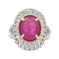 3.25 Ct. Oval Cut Ruby Double Diamond Halo Engagement Ring in 14K Gold