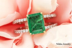 3.25 CTW Natural Emerald & Diamond Engagement Ring 14K White Gold Size 6.5