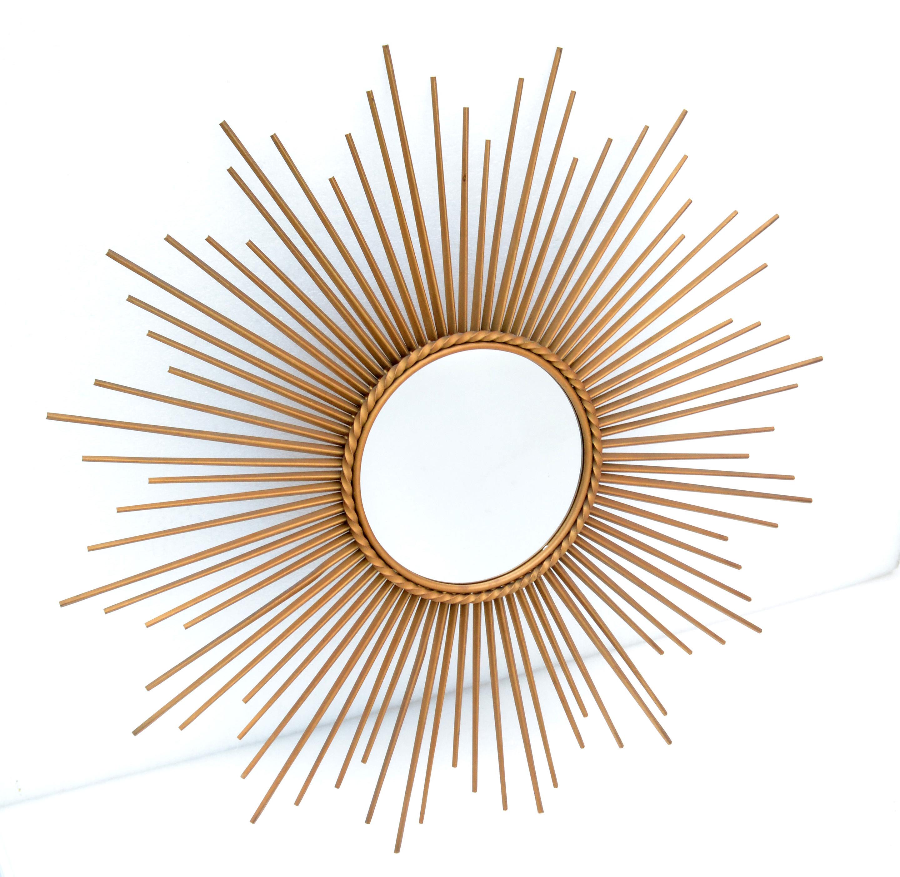 French Chaty Sunburst Mirror Gold Iron Wall Mirror Mid-Century Modern 7