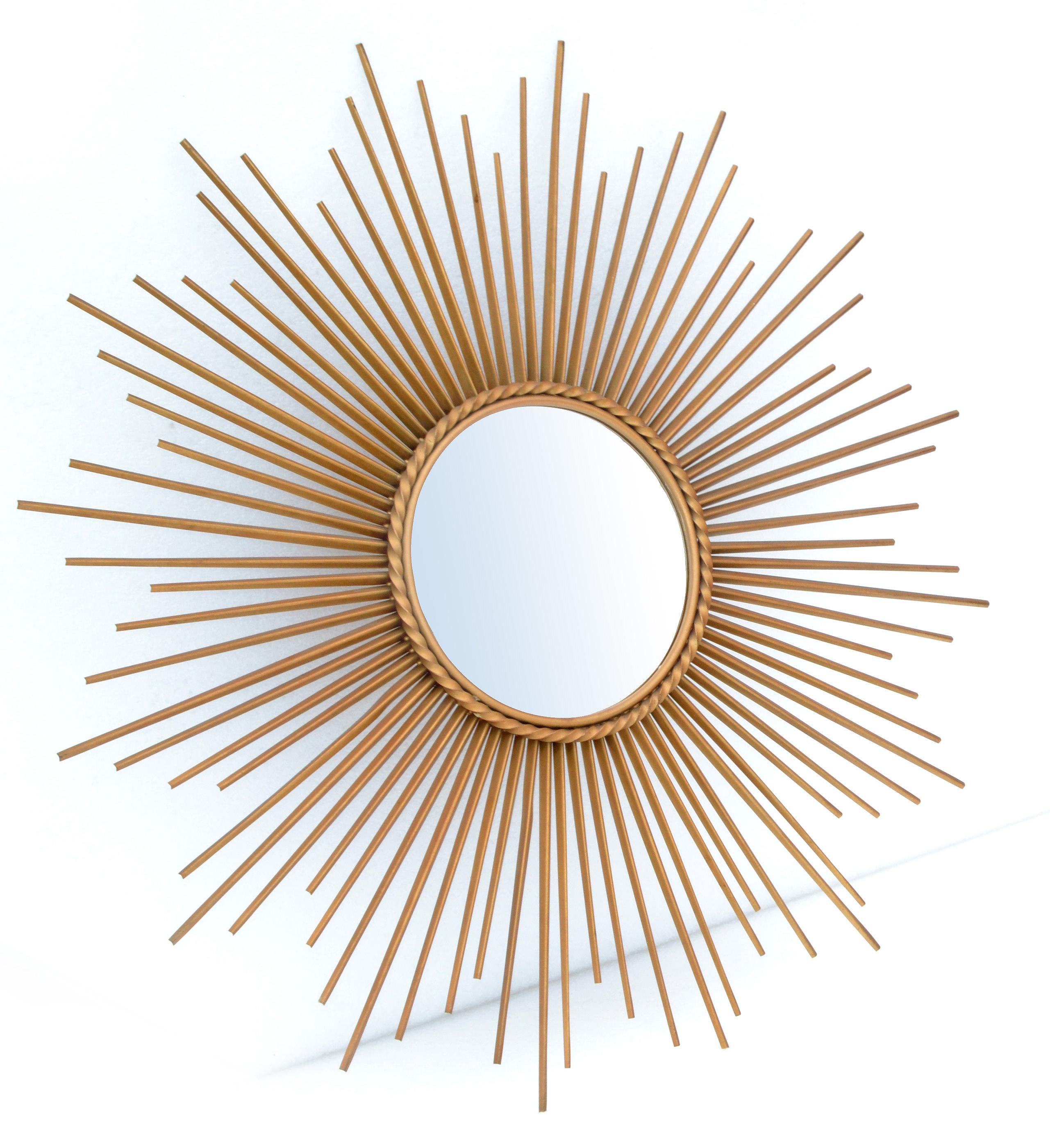 French Chaty Sunburst Mirror Gold Iron Wall Mirror Mid-Century Modern In Good Condition In Miami, FL
