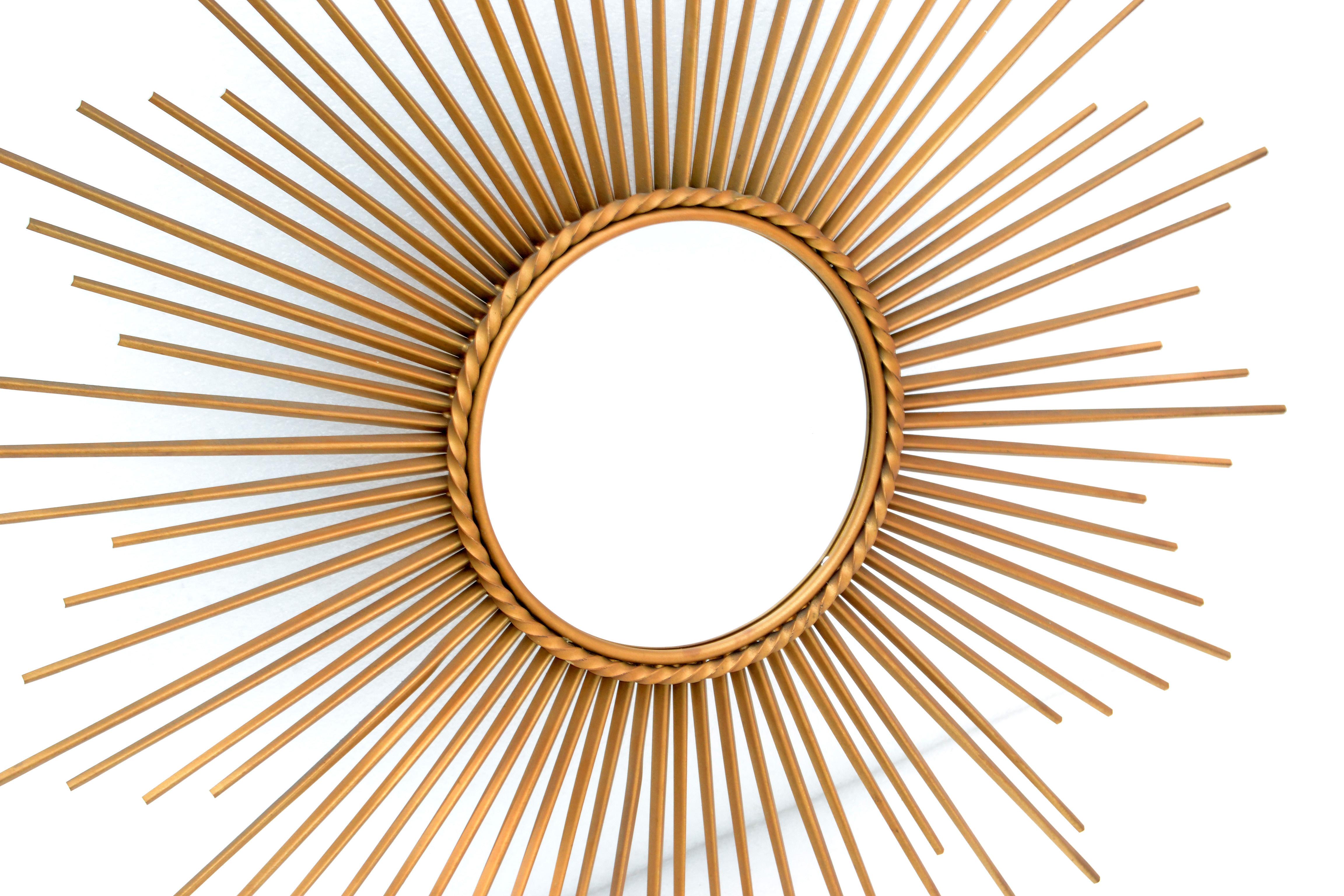 French Chaty Sunburst Mirror Gold Iron Wall Mirror Mid-Century Modern 1