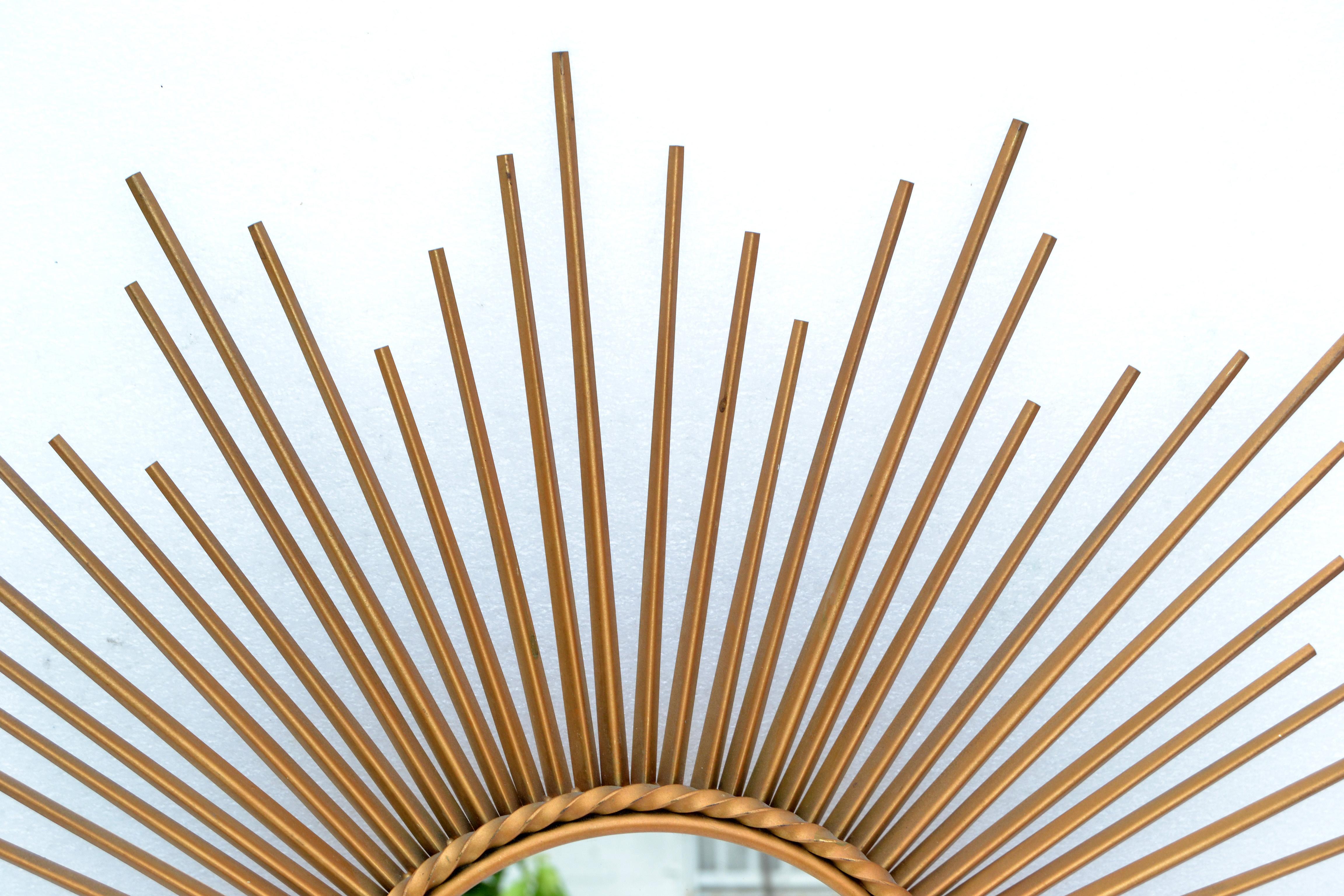 French Chaty Sunburst Mirror Gold Iron Wall Mirror Mid-Century Modern 3