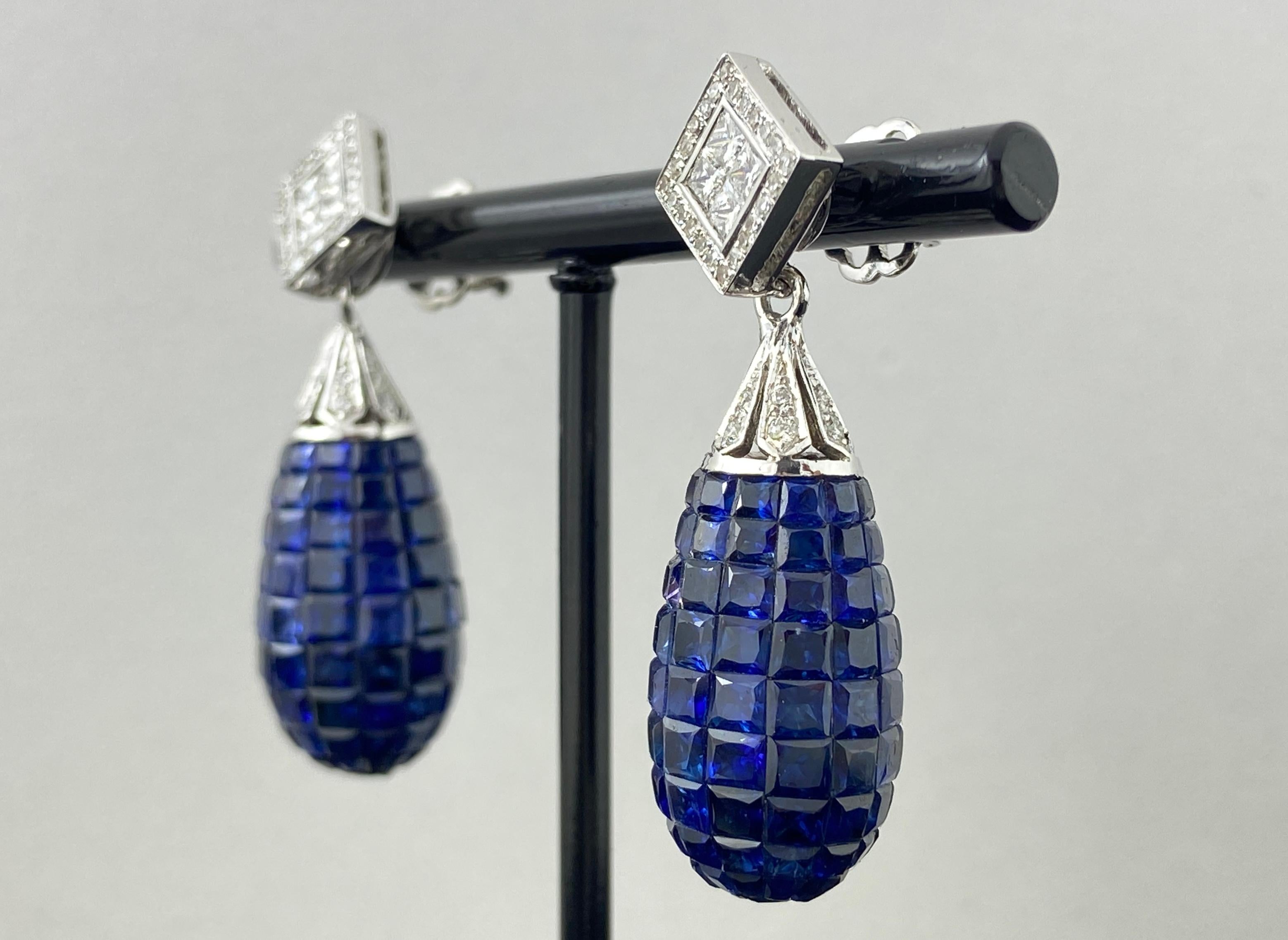 Art Déco Orecchini pendenti con zaffiro blu da 32,53 carati e diamante da 1,47 carati in vendita