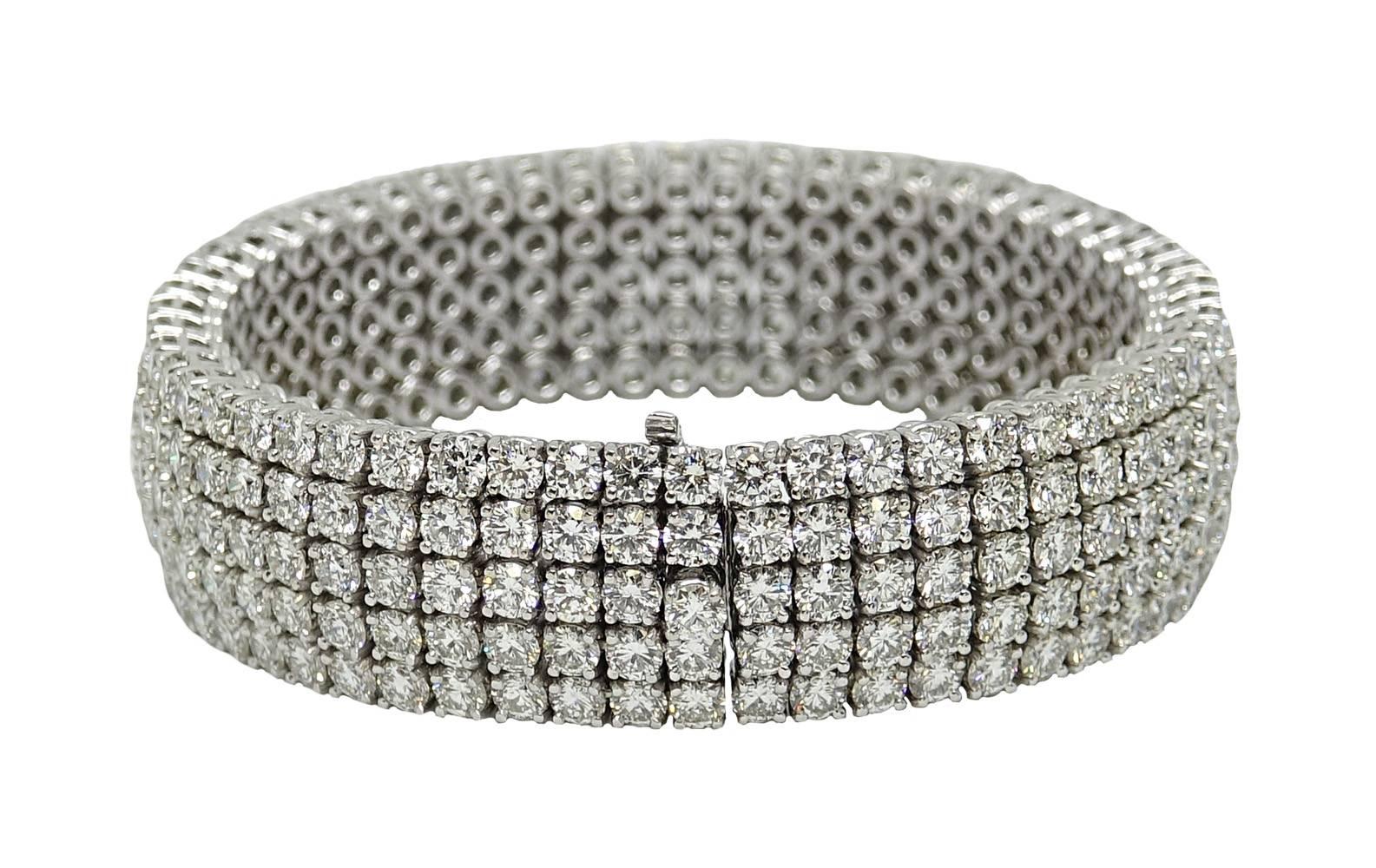 Round Cut 32.55 Carat Five-Row Diamond White Gold Bracelet For Sale
