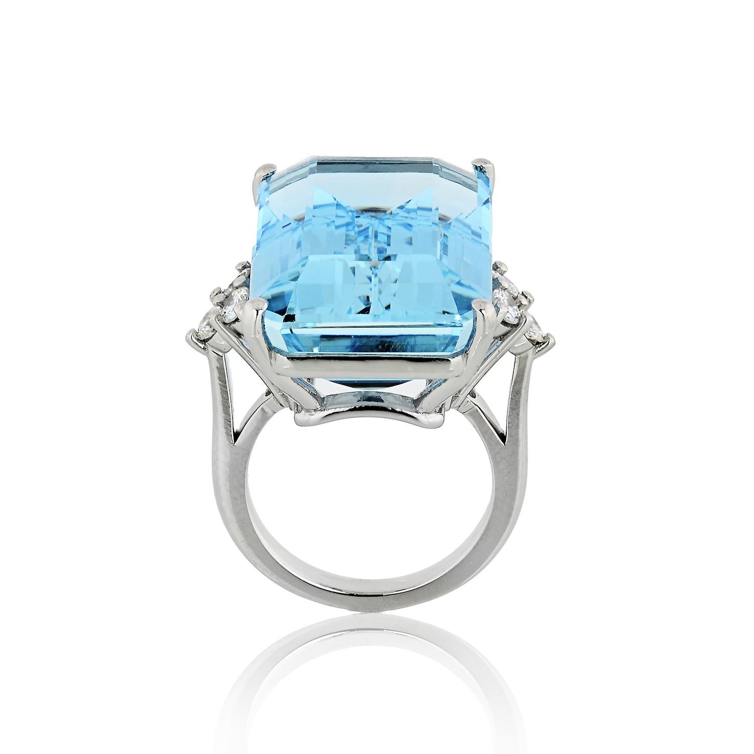 Emerald Cut 32.55 Carat Aquamarine Diamond Platinum Cocktail Ring