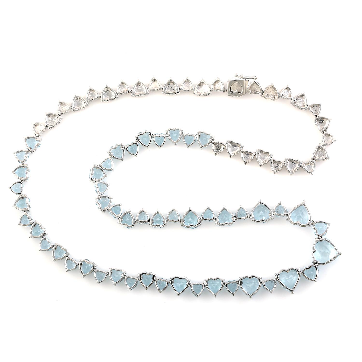 Mixed Cut 32.59 ct Heart Shaped Aquamarine Necklace Made In 18k White Gold For Sale