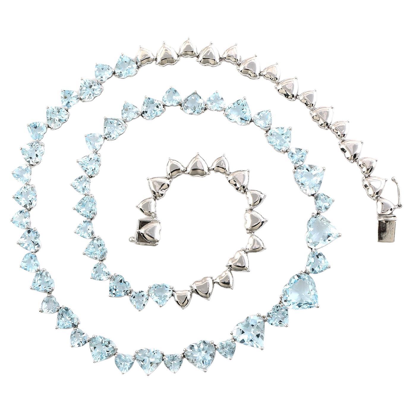 32.59 ct Heart Shaped Aquamarine Necklace Made In 18k White Gold For Sale