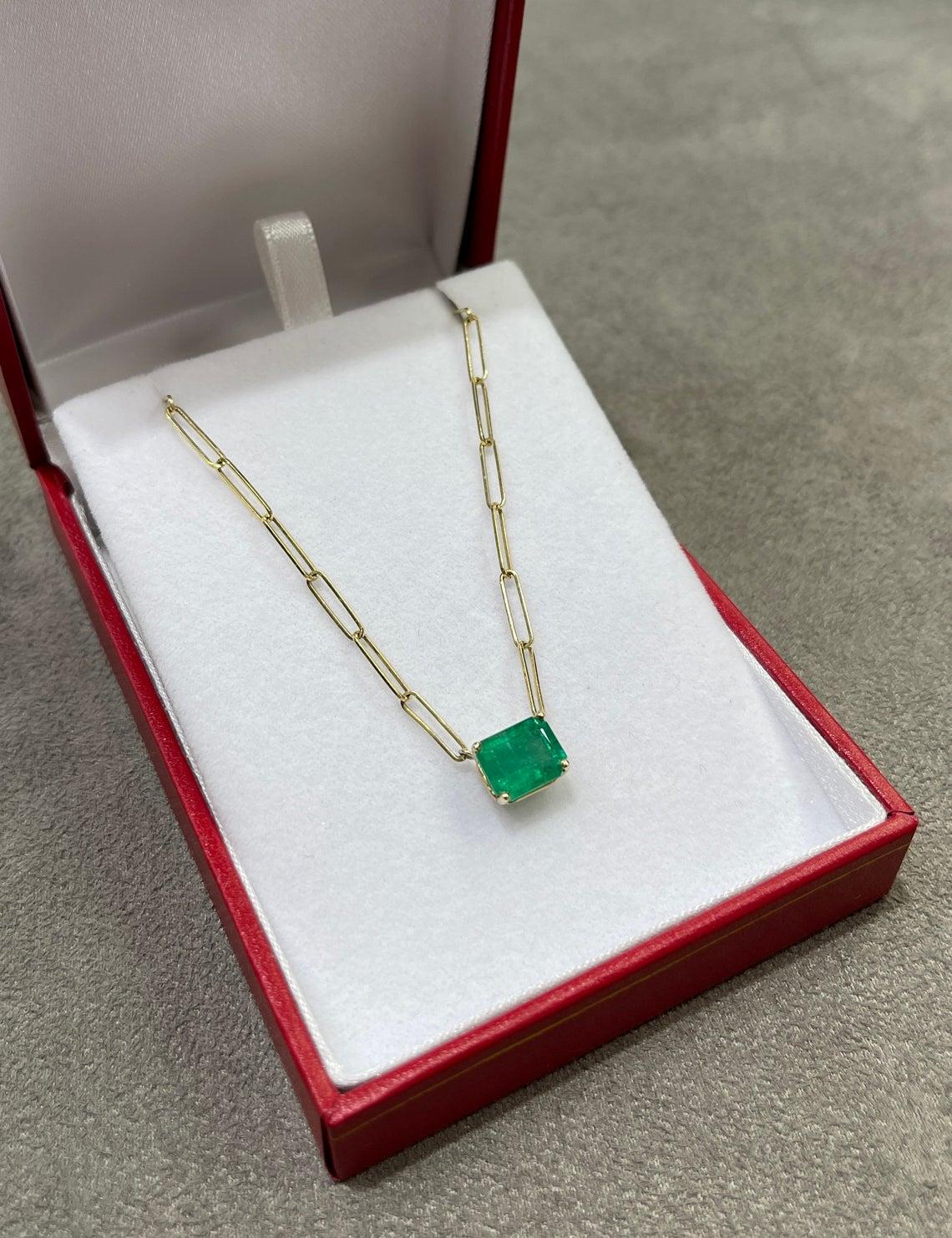 Modern 3.25ct 14K East to West Emerald, Emerald Cut Paperclip Chain Necklace