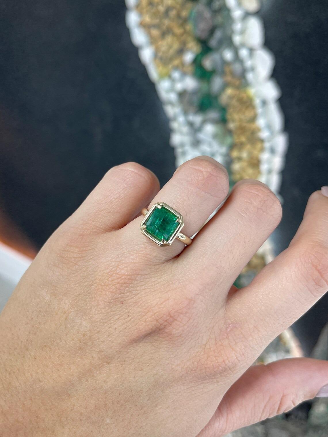 3.25ct 14K Fine Quality Asscher Cut Zambian Emerald Prong Set Solitaire Ring Pour femmes en vente