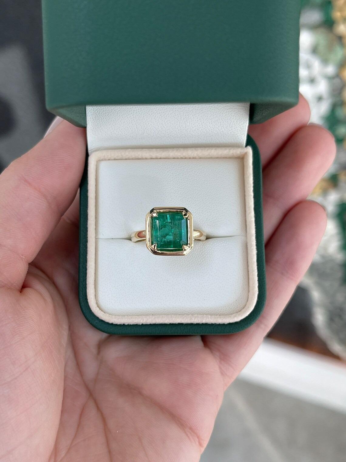 3.25ct 14K Fine Quality Asscher Cut Zambian Emerald Prong Set Solitaire Ring For Sale 2