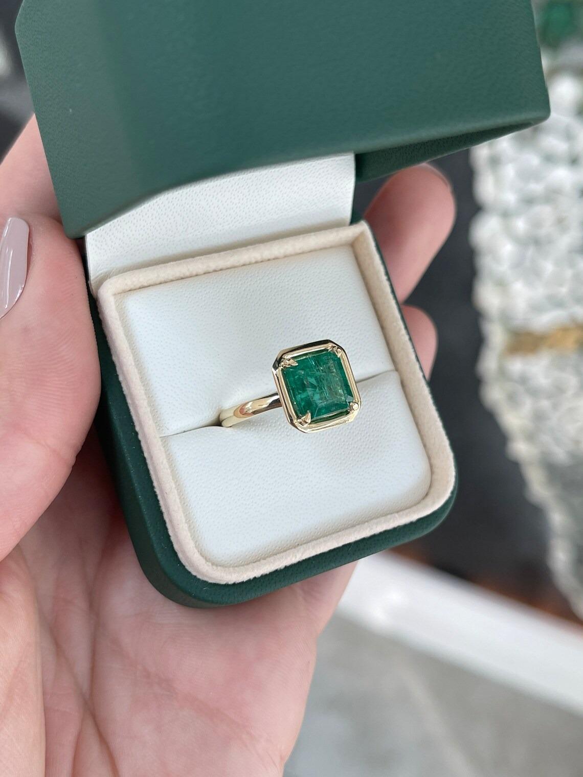 3.25ct 14K Fine Quality Asscher Cut Zambian Emerald Prong Set Solitaire Ring For Sale 3
