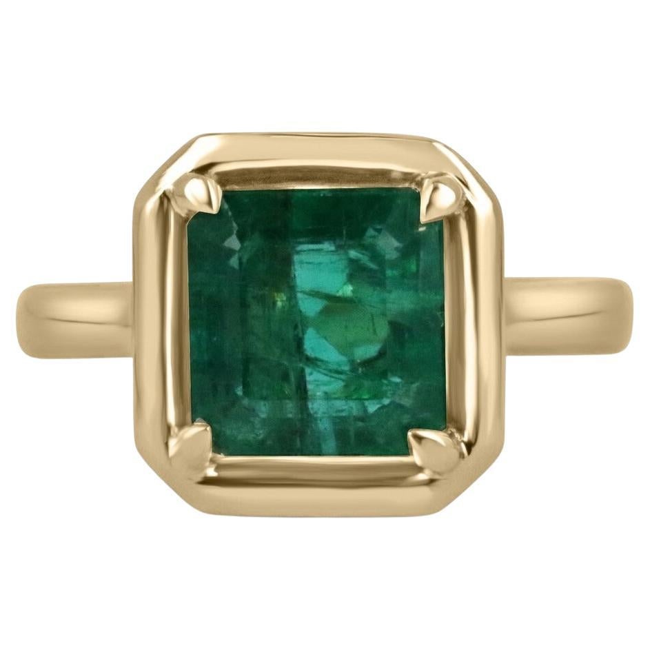 3.25ct 14K Fine Quality Asscher Cut Zambian Emerald Prong Set Solitaire Ring For Sale