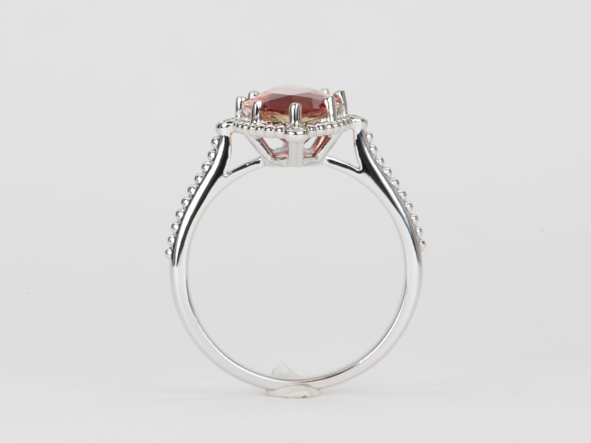 Uncut 3.25ct Bright Red Oregon Sunstone with Diamonds 14K White Gold Engagement Ring For Sale