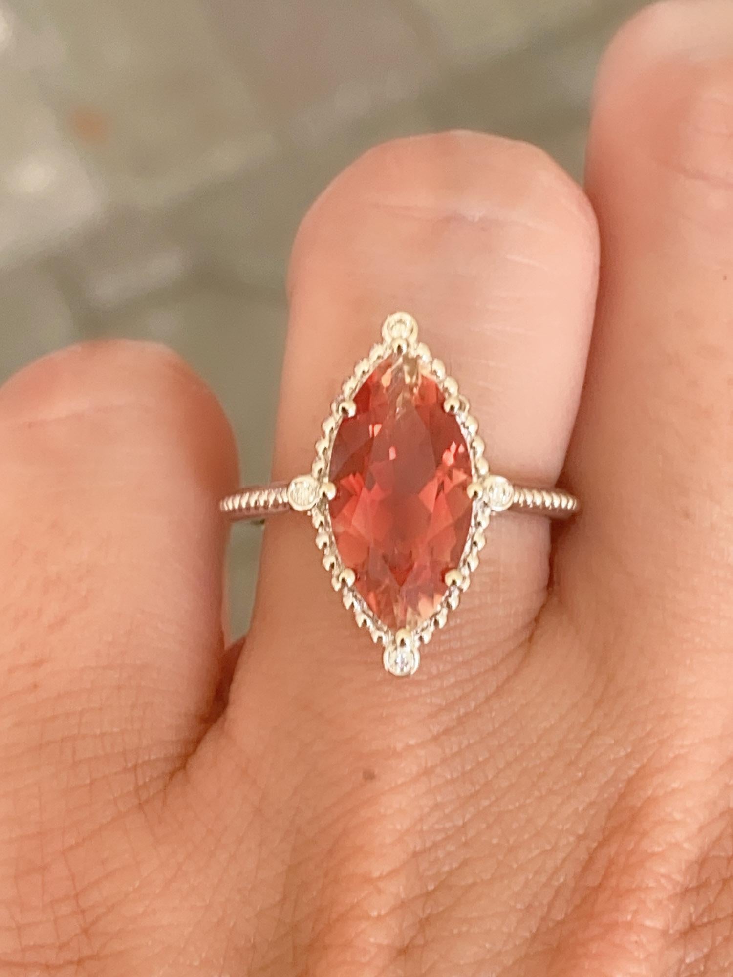 3.25ct Bright Red Oregon Sunstone with Diamonds 14K White Gold Engagement Ring In New Condition For Sale In Osprey, FL