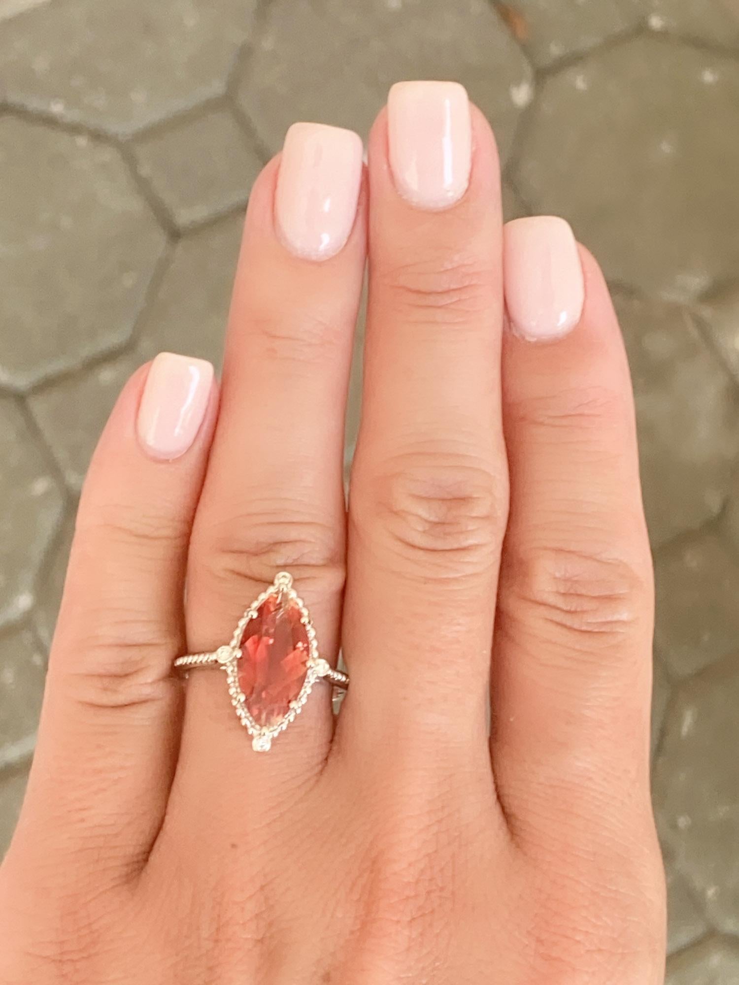 3.25ct Bright Red Oregon Sunstone with Diamonds 14K White Gold Engagement Ring For Sale 1
