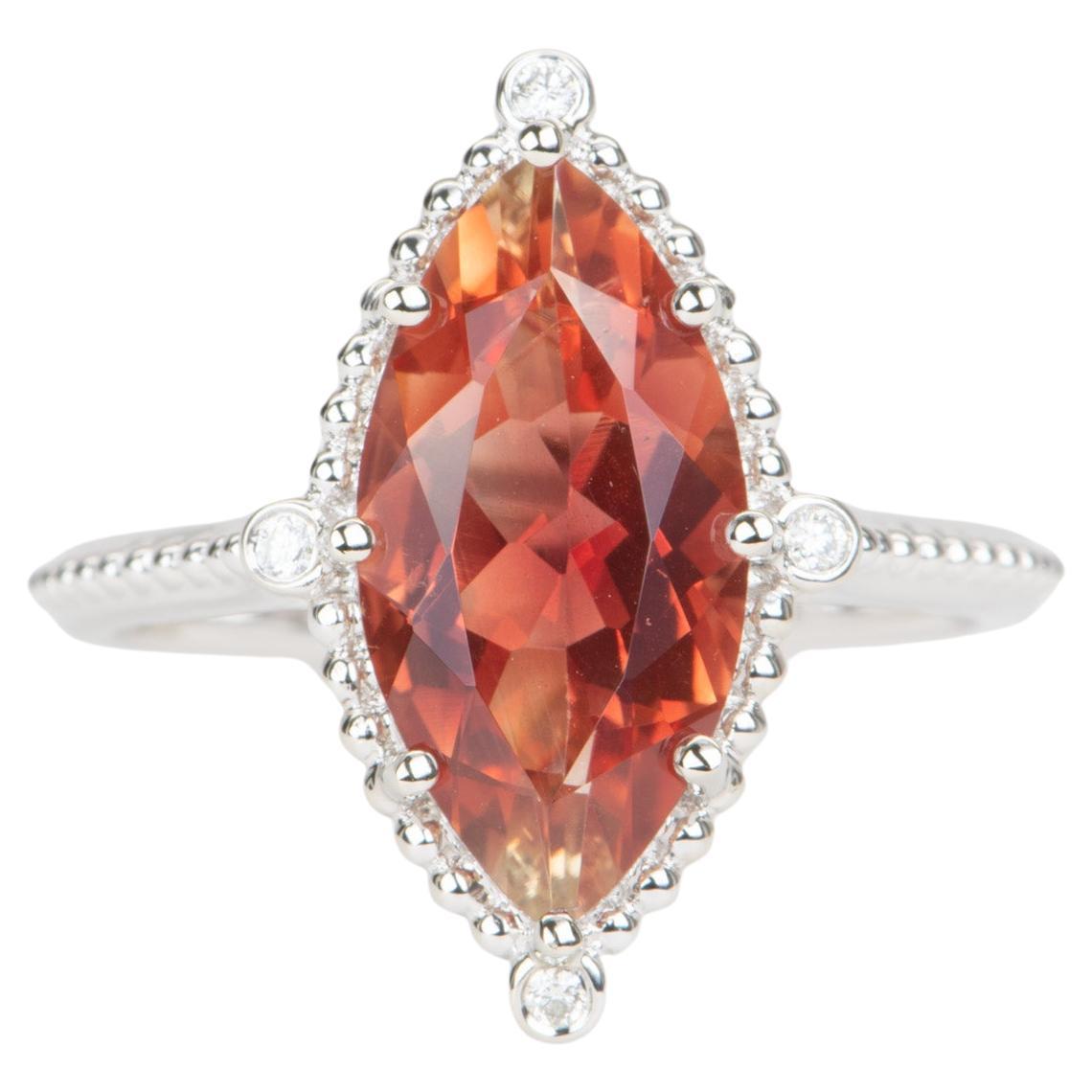 3.25ct Bright Red Oregon Sunstone with Diamonds 14K White Gold Engagement Ring For Sale