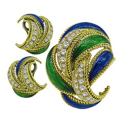 Vintage 3.25ct Diamond Enamel Yellow Gold Pin and Earrings Set