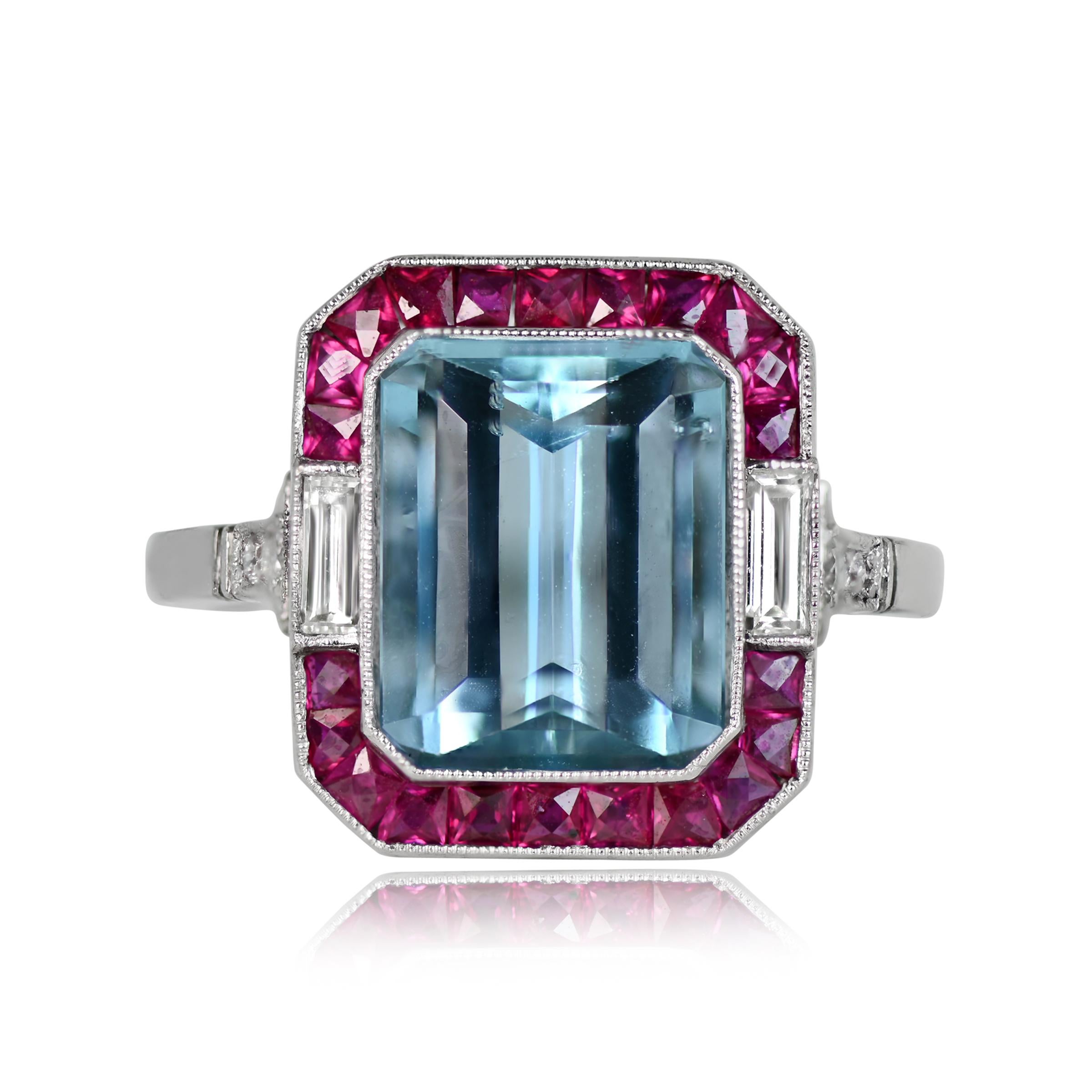 A captivating piece, this 3.25-carat aquamarine ring boasts a vibrant light blue hue. Set in a handcrafted platinum mounting, the aquamarine is surrounded by a halo of calibre cut rubies, adding a touch of color contrast. Further enhancing the
