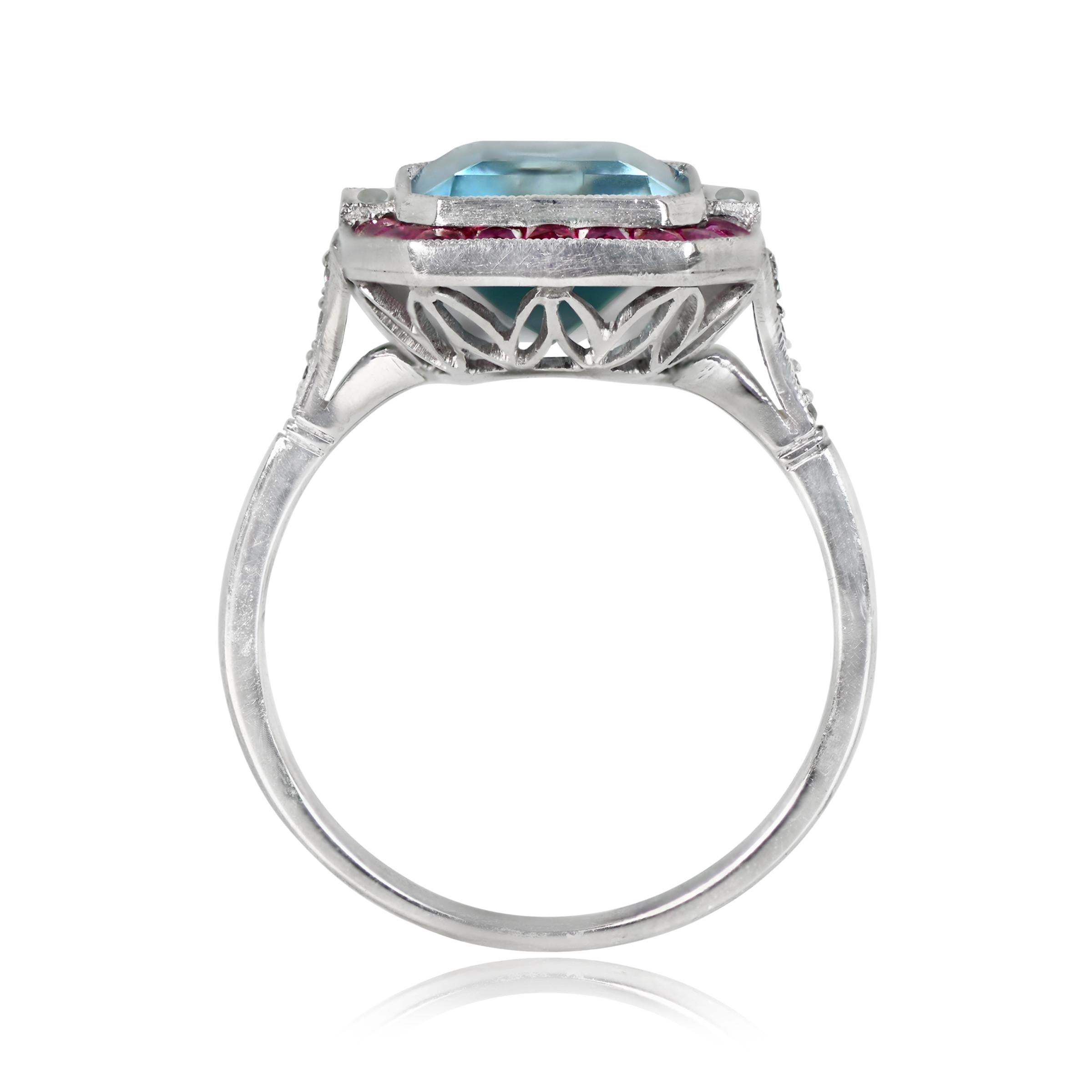 3.25ct Emerald Cut Aquamarine Cocktail Ring, Ruby Halo, Platinum In Excellent Condition For Sale In New York, NY