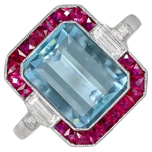 3.25ct Emerald Cut Aquamarine Cocktail Ring, Ruby Halo, Platinum For Sale