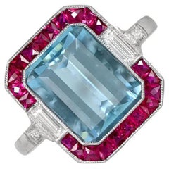 3.25ct Emerald Cut Aquamarine Cocktail Ring, Ruby Halo, Platinum