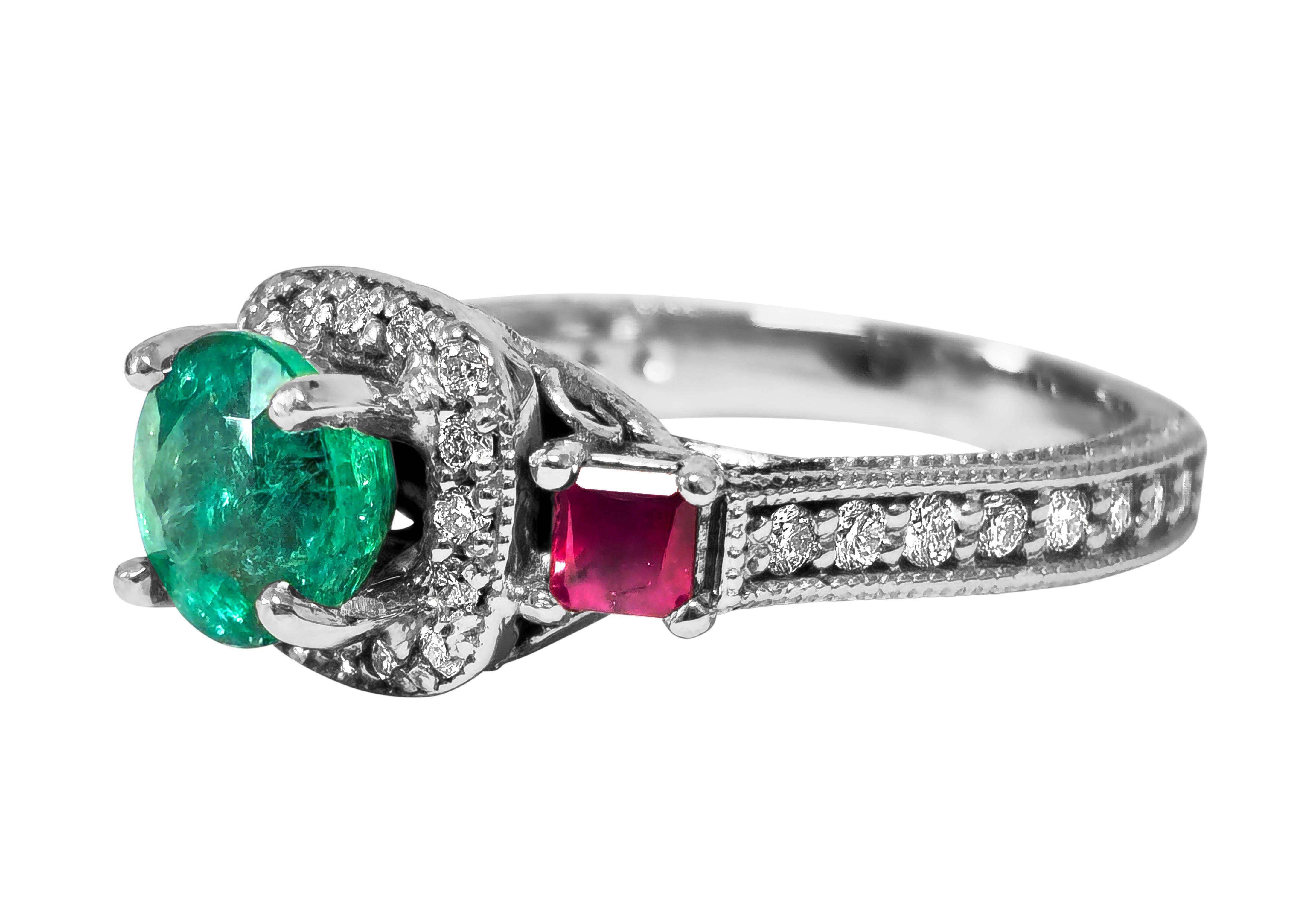 Step into sophistication with our stunning Women's Cocktail Ring, meticulously crafted from luxurious white gold. Adorned with a mesmerizing Colombian emerald and accentuated by princess cut rubies and diamonds, this ring exudes opulence and