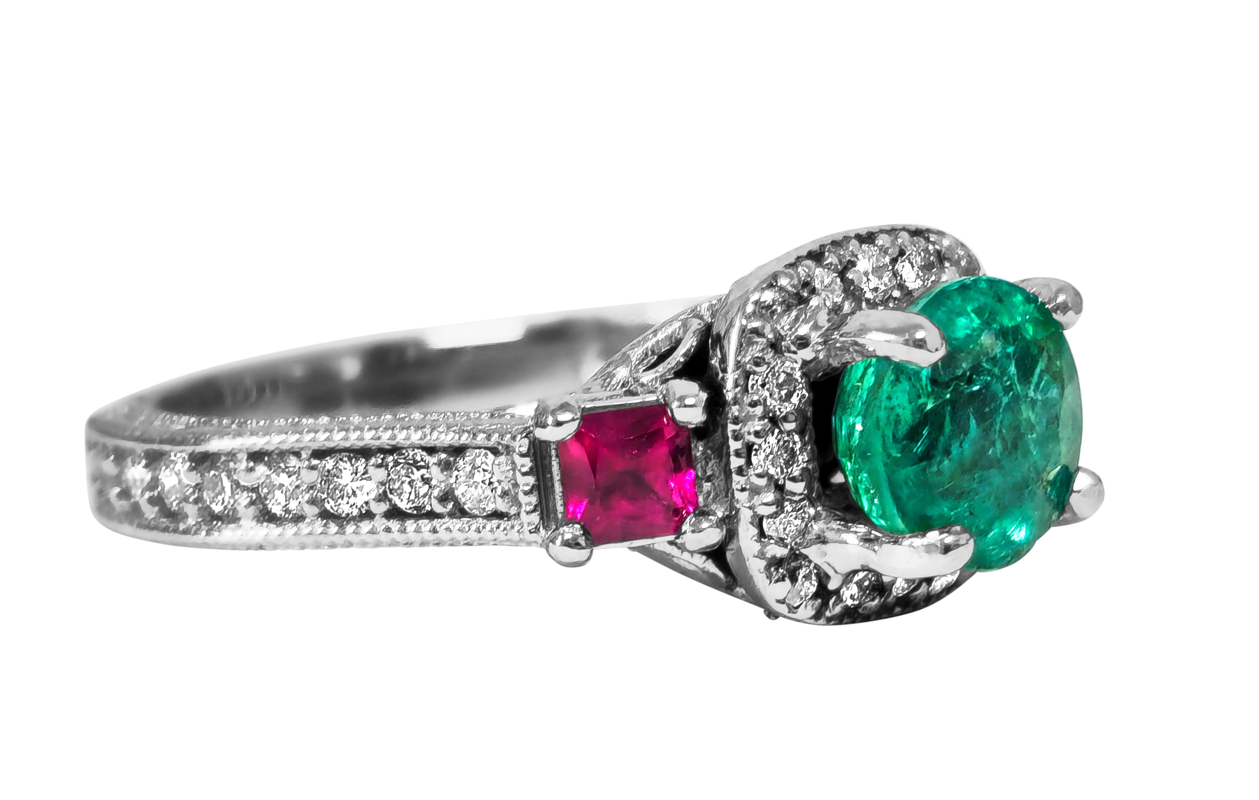 Art Nouveau 3.25ct Emerald, Ruby & Diamond Cocktail Ring in 14k Gold For Sale
