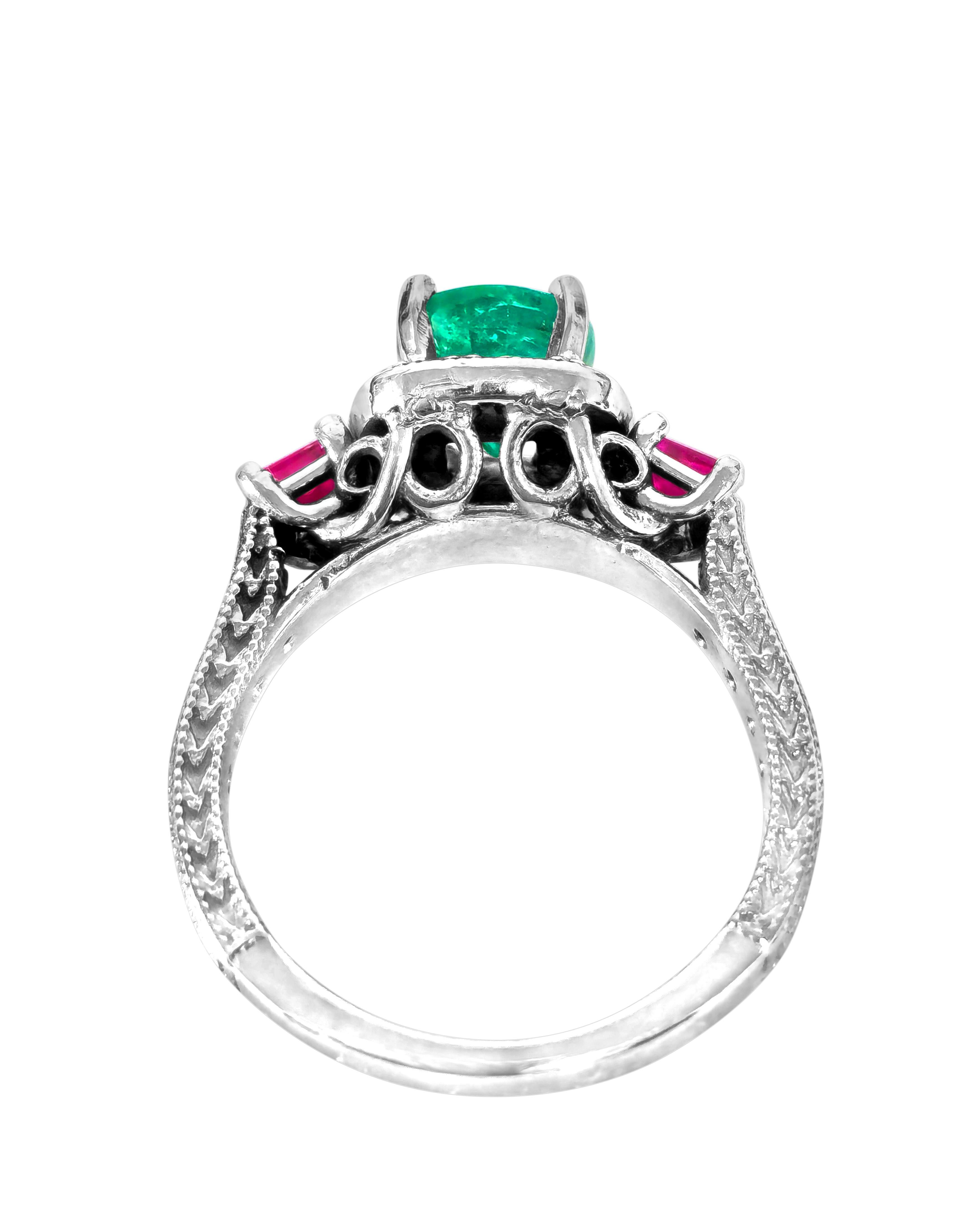 Round Cut 3.25ct Emerald, Ruby & Diamond Cocktail Ring in 14k Gold For Sale