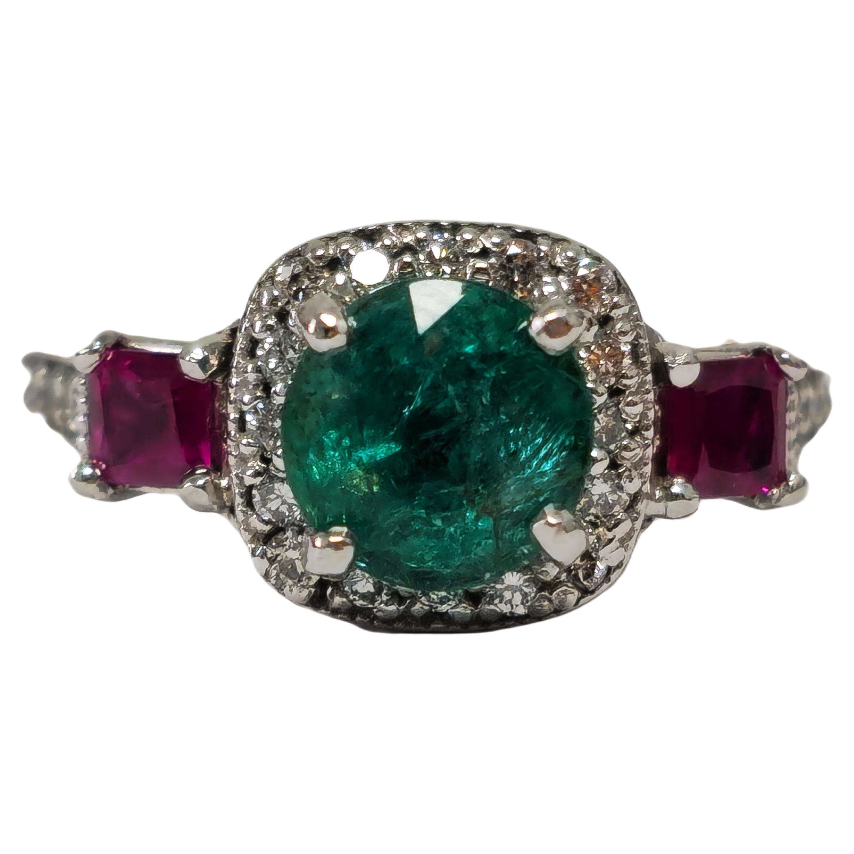 3.25ct Emerald, Ruby & Diamond Cocktail Ring in 14k Gold  For Sale