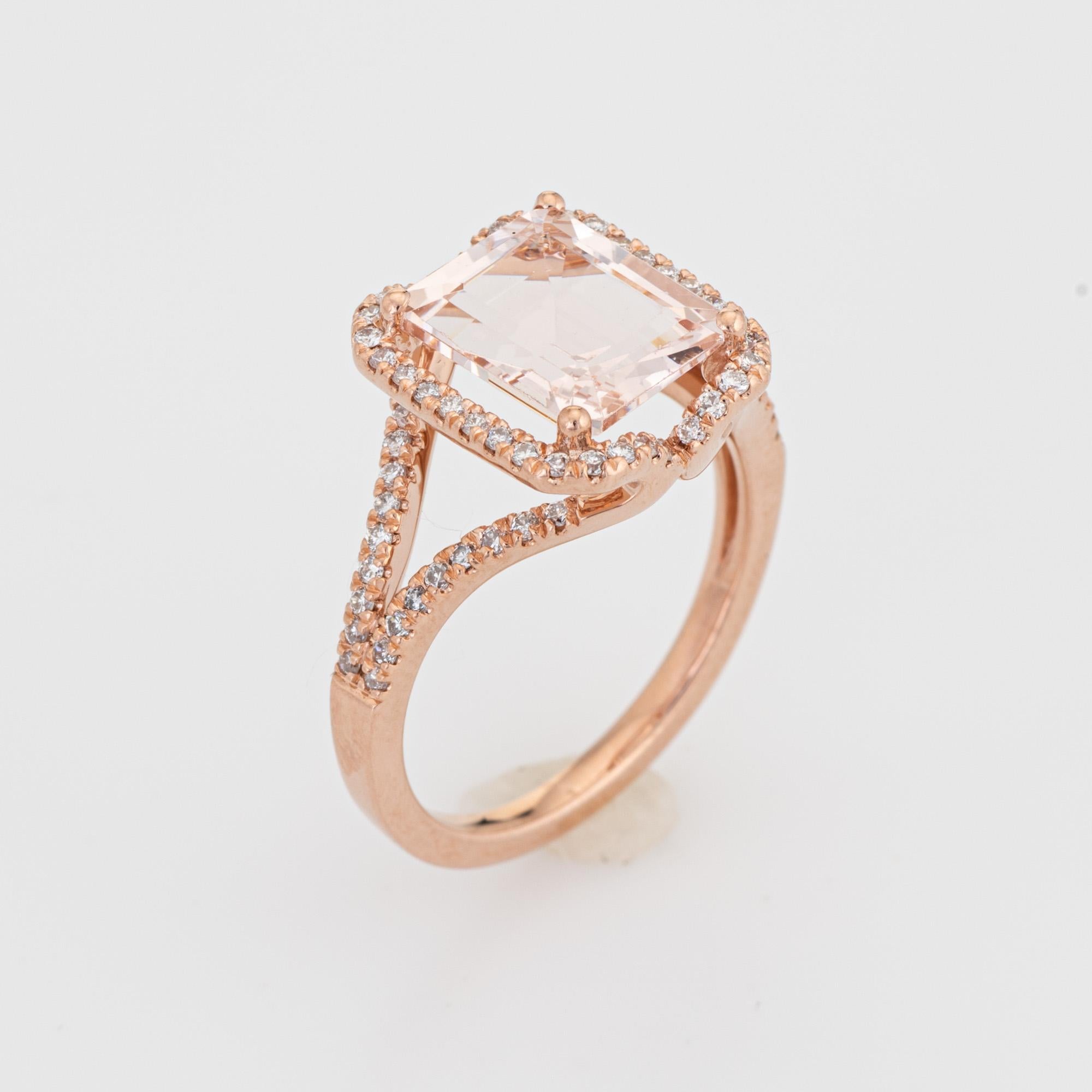 Stylish morganite & diamond cocktail ring (circa 2000s) crafted in 14 karat rose gold. 

Emerald cut morganite measures 10mm x 8mm (estimated at 3.25 carats), accented with an estimated 0.36 carats of diamonds (estimated at H-I color and VS2-SI1