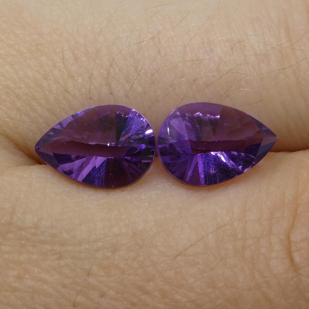 Description:

Gem Type: Amethyst
Number of Stones: 2
Weight: 3.25 cts
Measurements: 10.00 x 7.00 x 4.80 mm
Shape: Pear
Cutting Style Crown: Modified Brilliant
Cutting Style Pavilion: Mixed Cut
Transparency: Transparent
Clarity: Very Slightly