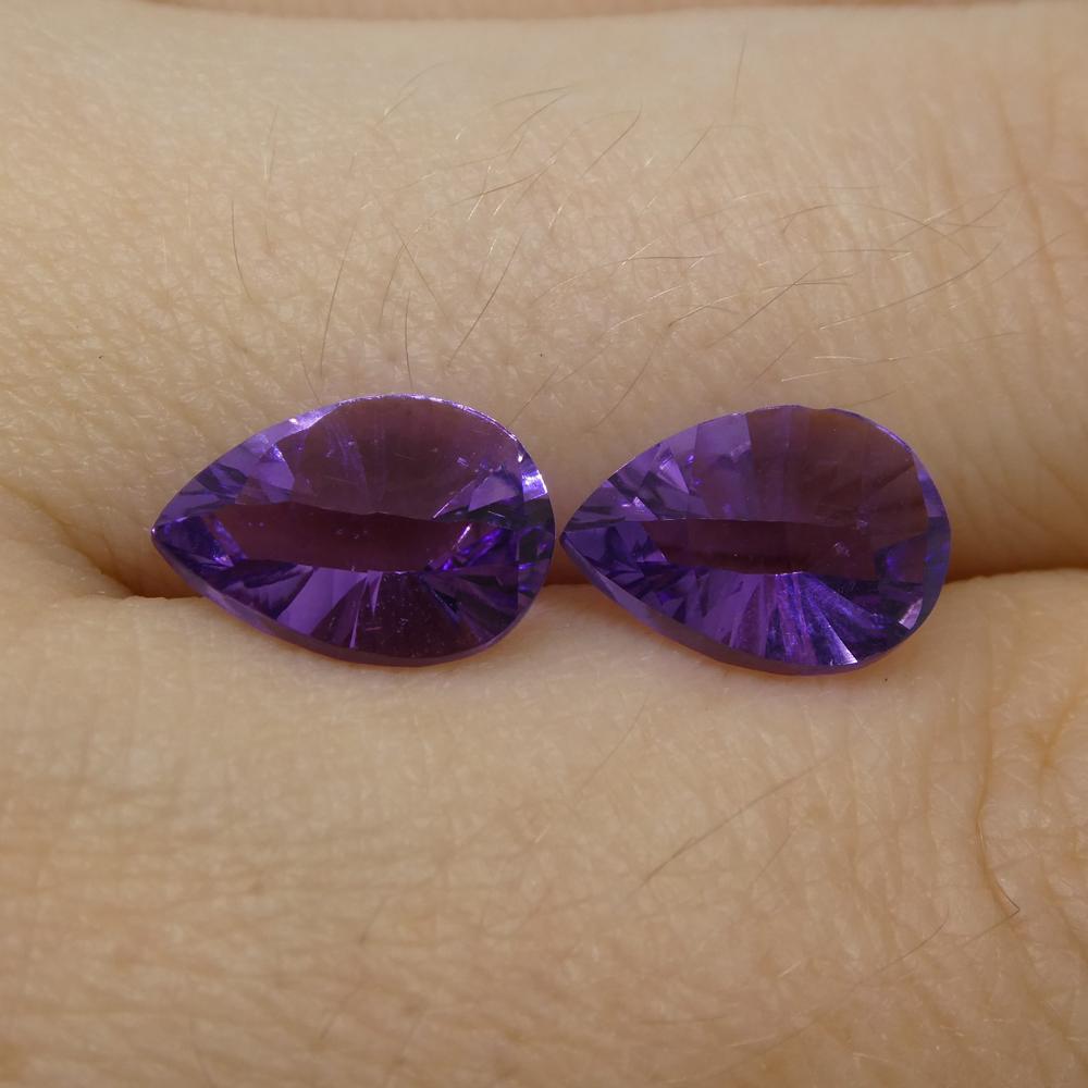 Women's or Men's 3.25ct Pear Amethyst 'Gloria' Fantasy/Fancy Cut Pair For Sale