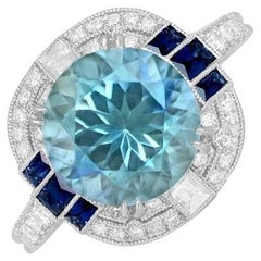 3.25ct Round Cut Aquamarine Engagement Ring, Diamond Halo, Platinum