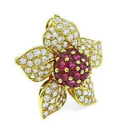 3.25ct Ruby 2.27ct Diamond 18k Yellow Gold Flower Pin / Pendant