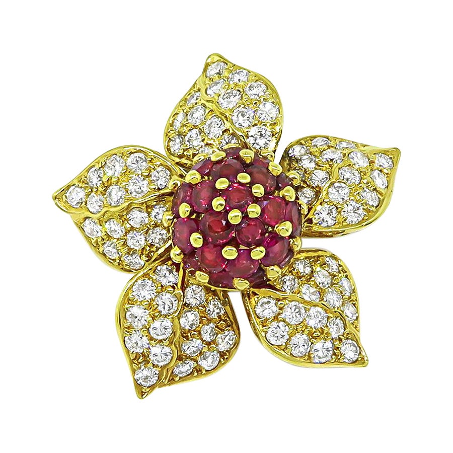 3.25ct Ruby 2.27ct Diamond 18k Yellow Gold Flower Pin / Pendant