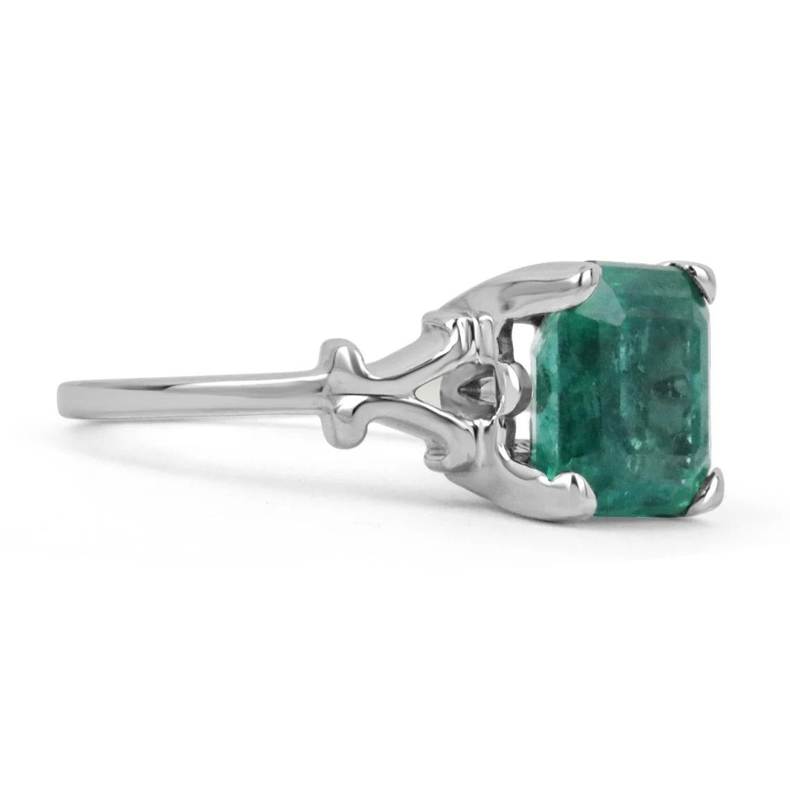 Featured is a remarkable, emerald solitaire ring. The featured gem carries an impressive 3.25-carat, Asscher-cut Zambian emerald with stunning characteristics. Set in a unique four-prong, solitaire 14K white gold setting.

Setting Style: