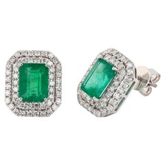 3.25ctw Emerald and 1.10ctw Diamond 14K White Gold Earrings