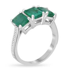 3.25tcw 14K Three-Stone Emerald Trilogy Ring - Dark Green Prong Set 585 Gold