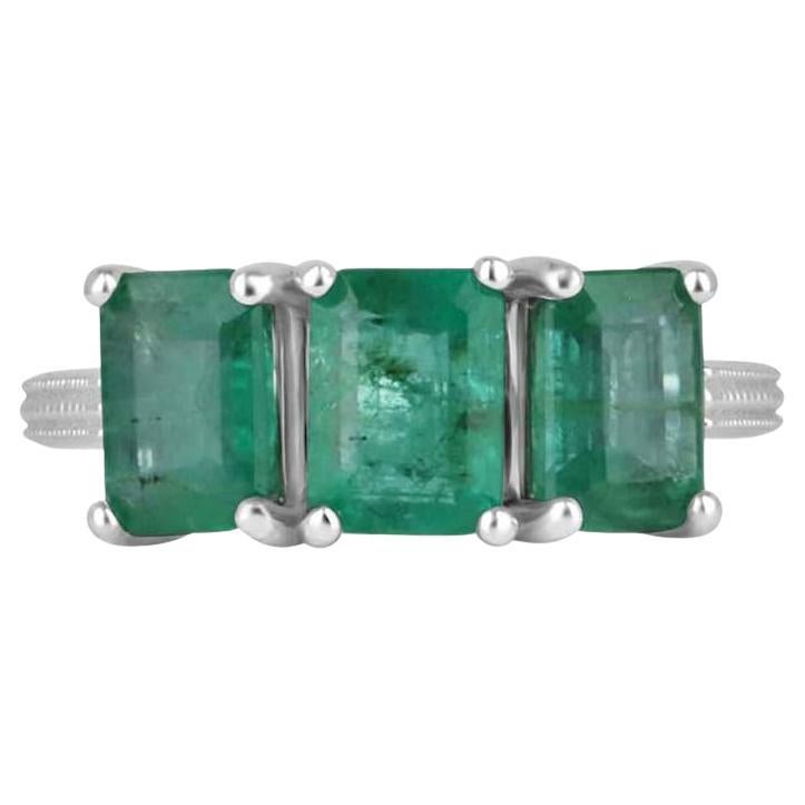 3.25tcw 14K Three-Stone Emerald Trilogy Ring - Dark Green Prong Set 585 Gold