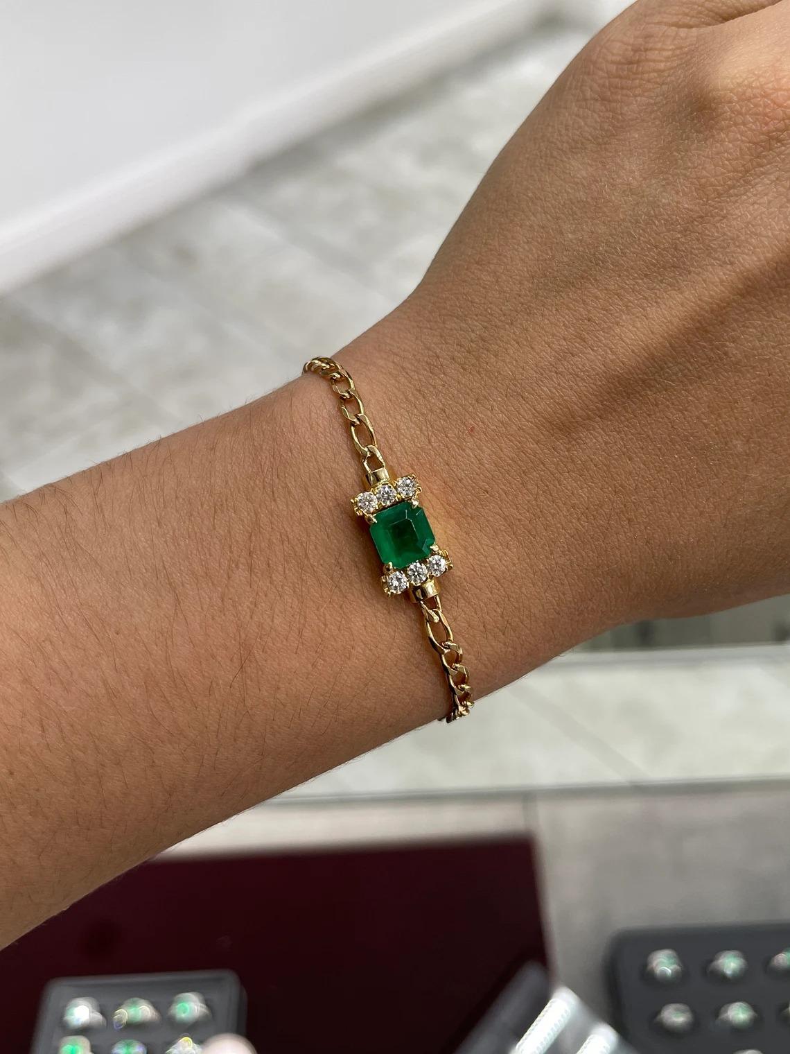 A remarkable emerald and diamond bracelet. The center stone features a four-prong set high-quality, AAA Colombian emerald weighing in at 2.89-carats; displaying a desirable vivid, rich, yellowish-green color and excellent luster. Accenting the