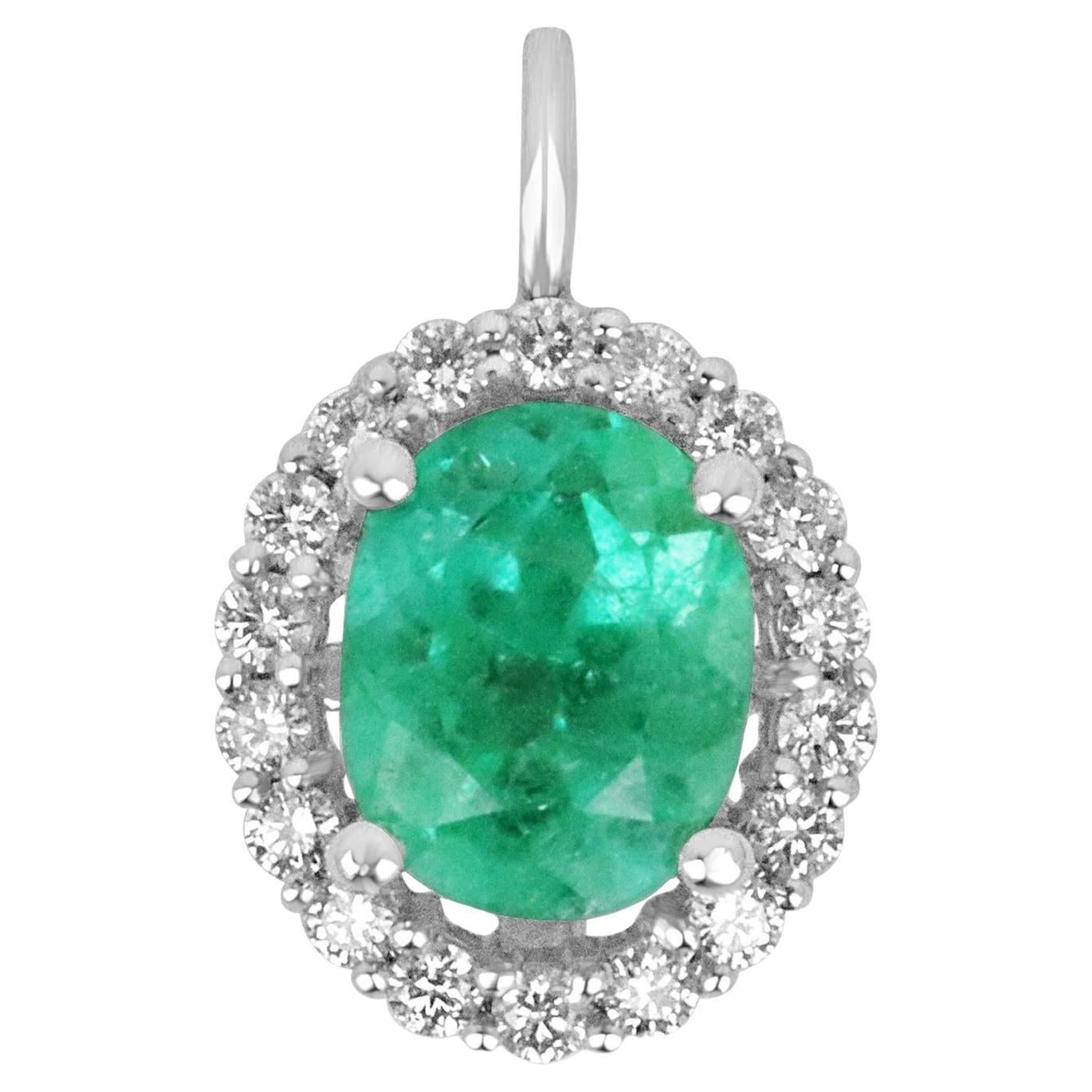 3.25tcw Spring Green Colombian Emerald-Oval Cut & Diamond Halo Gold Pendant 14K