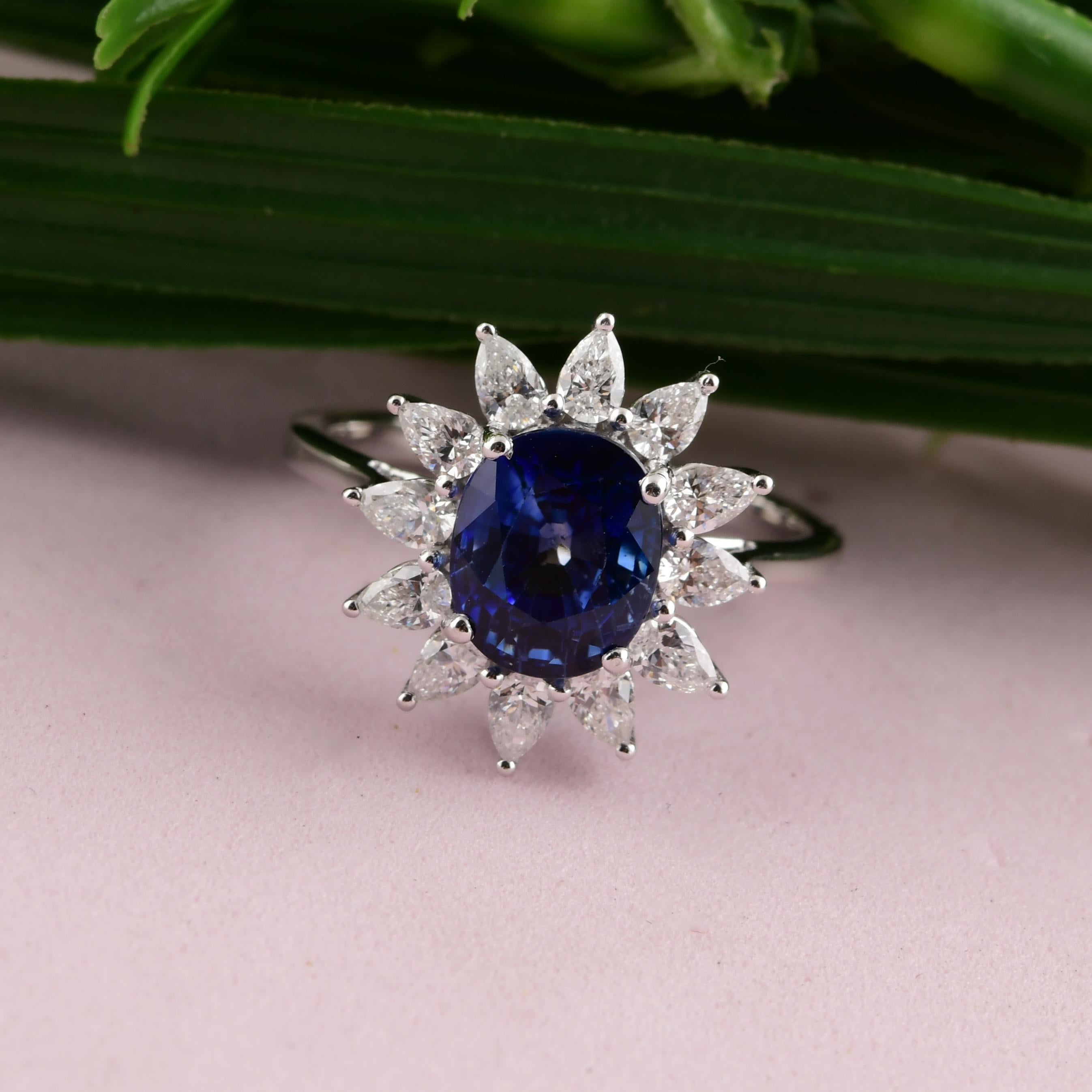 Cushion Cut 3.26 Carat Blue Sapphire 0.75 Ct SI/H Diamond Cocktail Ring 18 Karat White Gold For Sale