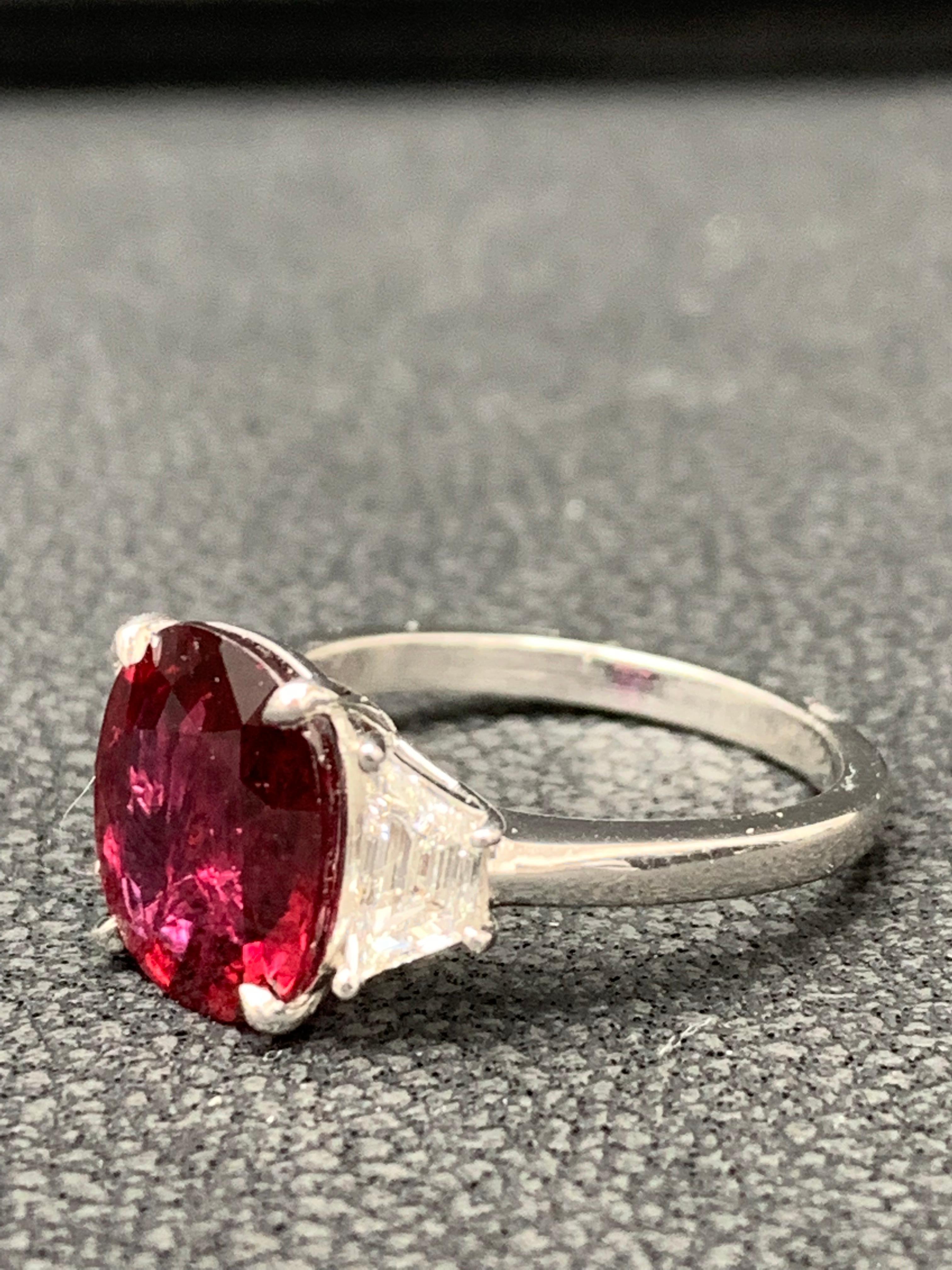 Modern 3.26 Carat Cushion Cut Ruby and Diamond Engagement Ring in Platinum For Sale