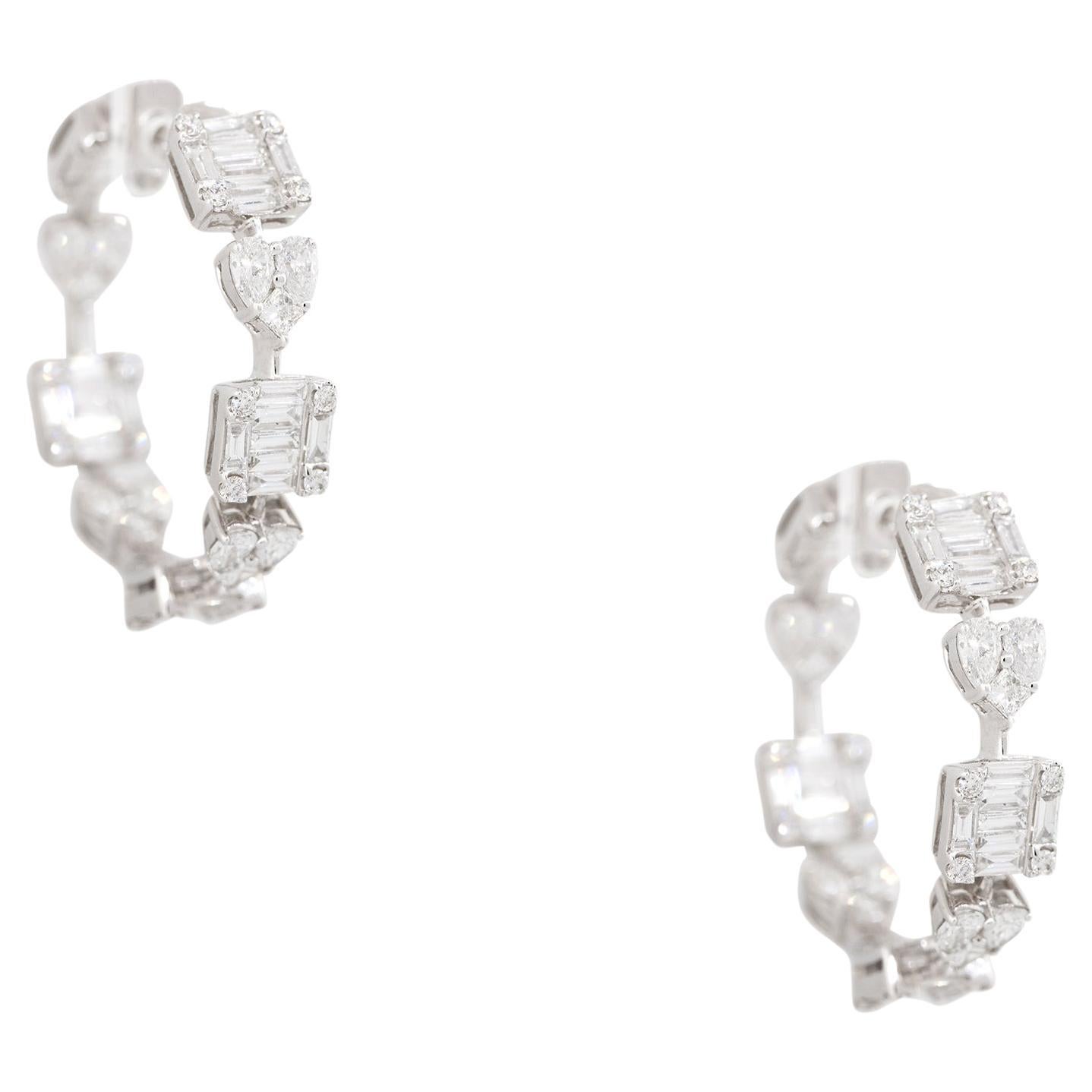 3.26 Carat Diamond Multi-Shape Hoop Earrings 18 Karat In Stock For Sale