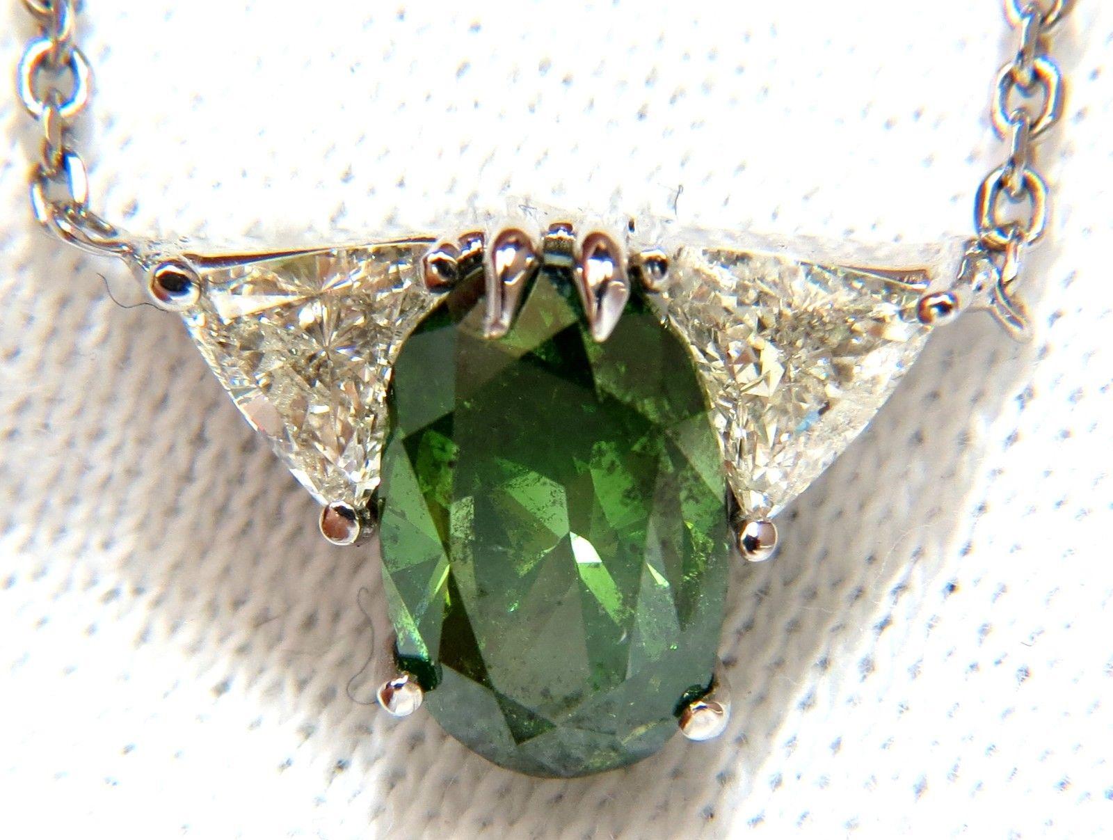 Oval Cut 3.26 Carat Enhanced Fancy Color Green Diamond Necklace Side Trilliants 14 Karat For Sale
