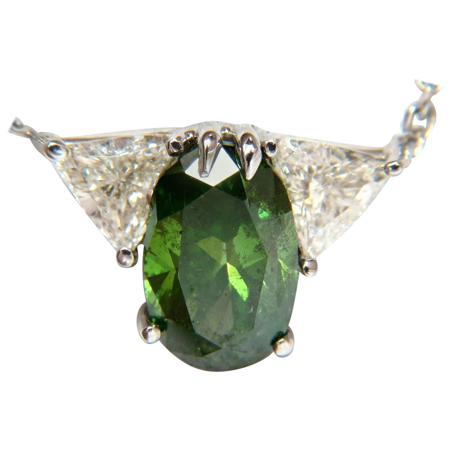 3.26 Carat Enhanced Fancy Color Green Diamond Necklace Side Trilliants 14 Karat