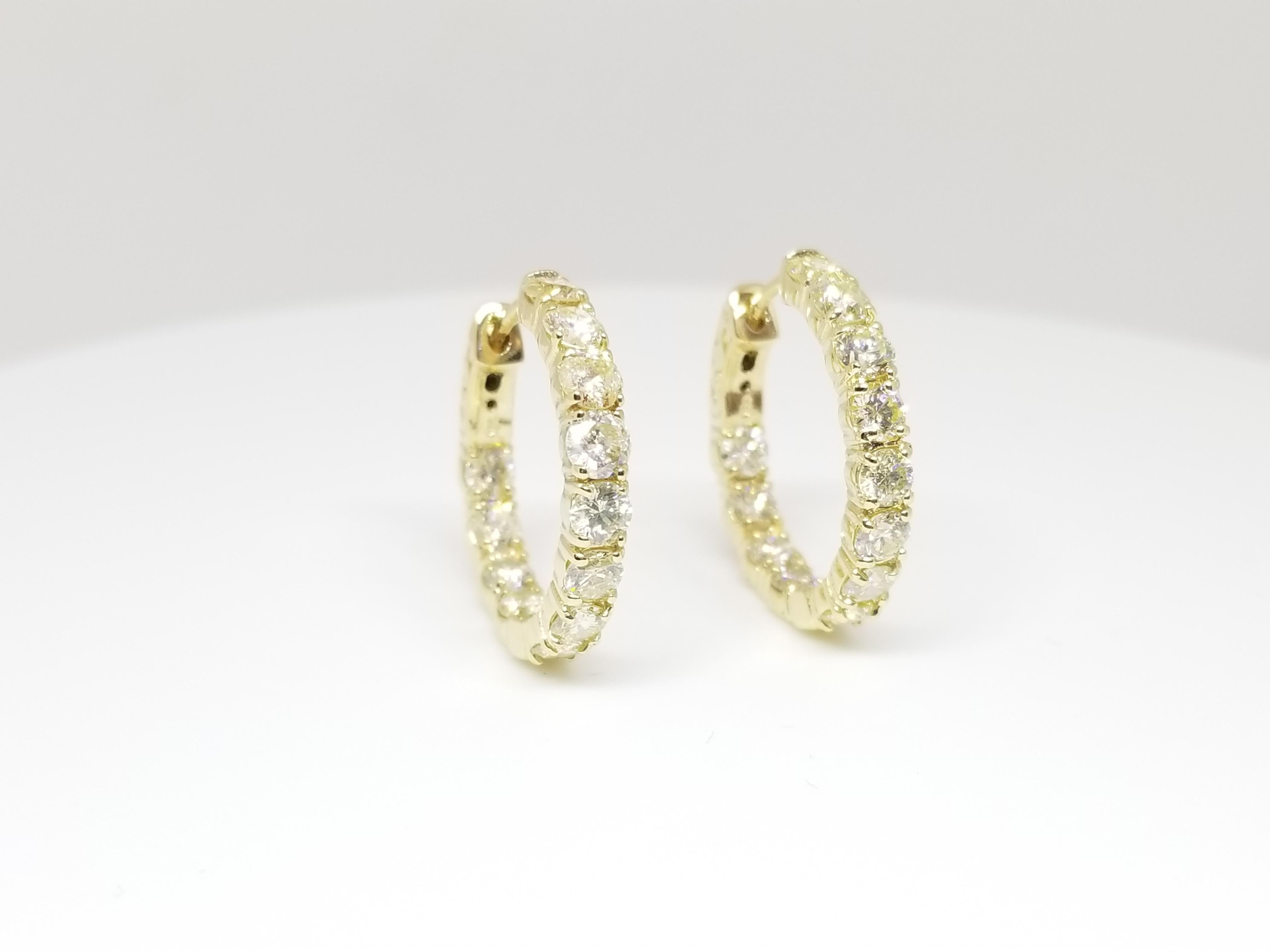 Round Cut 3.26 Carat Huggie Diamond Hoops Earrings 14 Karat Yellow Gold
