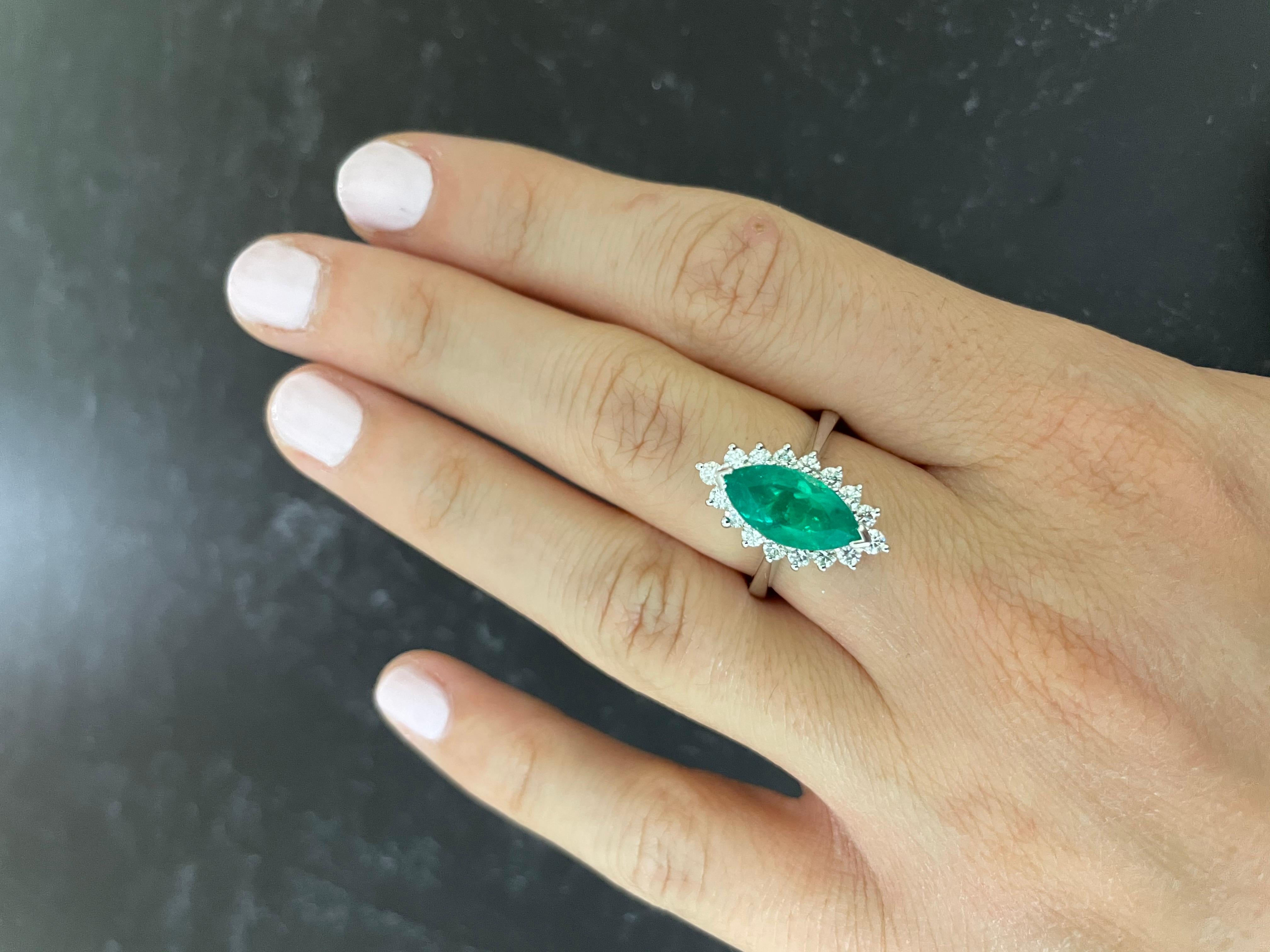 Marquise Cut 3.26 Carat Marquise Emerald Halo Diamond Ring in 18 Karat White Gold